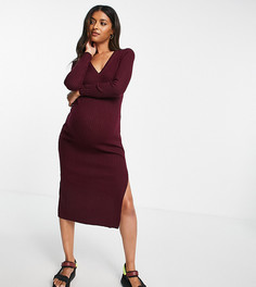 Трикотажное платье темно-красного цвета в рубчик с V-образным вырезом ASOS DESIGN Maternity-Красный