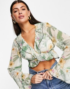 Прозрачный топ с запахом, цветочным принтом и оборками ASOS DESIGN-Multi