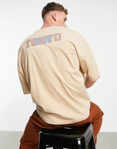 Бежевая oversized-футболка с принтом "Tokyo" на спине ASOS DESIGN-Светло-бежевый цвет
