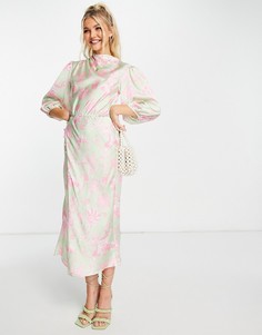 Атласное чайное платье миди со свободным воротом, драпировкой, пышными рукавами и цветочным принтом ASOS DESIGN-Разноцветный