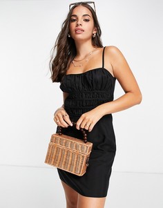 Черное льняное платье мини на бретельках со сборками ASOS DESIGN-Черный цвет