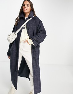 Темно-синее oversized-пальто бойфренда макси из саржи ASOS DESIGN-Темно-синий