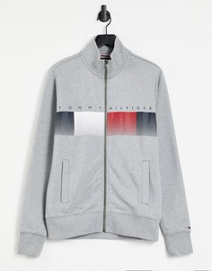 Светло-серый свитшот на молнии с полосками на груди и логотипом Tommy Hilfiger