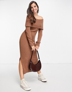 Платье мидакси цвета мокко с вырезом лодочкой и отворотом Miss Selfridge-Коричневый цвет