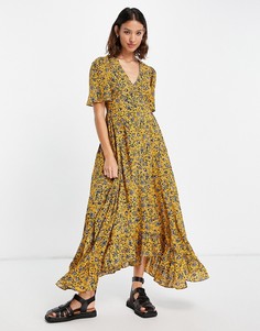 Нарядное платье мидакси горчичного цвета с мелким цветочным принтом Topshop-Желтый