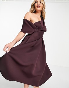 Платье миди цвета баклажана для выпускного с открытыми плечами ASOS DESIGN-Фиолетовый цвет