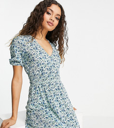 Голубое плиссированное платье мини с цветочным принтом и сборками на талии ASOS DESIGN Petite-Разноцветный