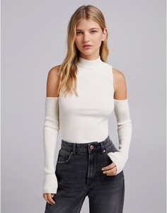 Светло-бежевый топ с длинными рукавами и вырезами Bershka-Белый