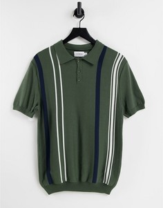 Трикотажное поло цвета хаки в полоску белого цвета Topman-Зеленый цвет