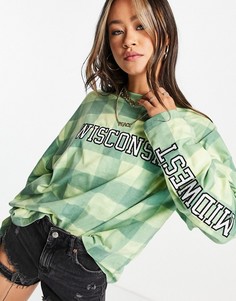 Зеленый лонгслив в клетку с надписью "Wisconsin" Topshop-Зеленый цвет