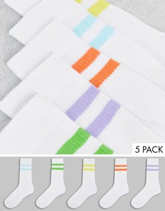Набор из 5 пар белых спортивных носков с цветными полосками ASOS DESIGN-Белый