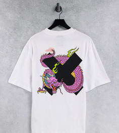 Белая oversized-футболка с принтом дракона и буквы "Х" COLLUSION Unisex-Белый