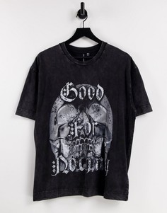 Черная oversized-футболка с эффектом кислотной стирки и принтом черепа Good For Nothing-Черный цвет