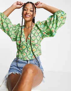 Ярко-зеленая чайная блузка на пуговицах с цветочным принтом ASOS DESIGN-Разноцветный
