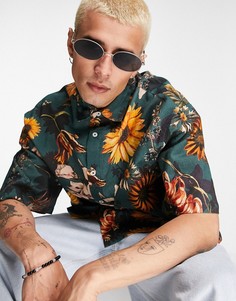 Синяя oversized-рубашка свободного кроя из ткани с добавлением льна с цветочным принтом ASOS DESIGN-Голубой