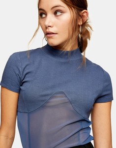 Топ цвета индиго со вставкой из сетки и высоким воротником Topshop-Голубой