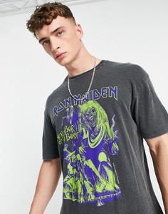 Черная выбеленная oversized-футболка с принтом "Iron Maiden" Topman-Черный цвет