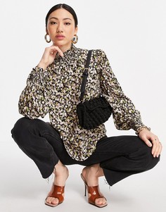 Черная блузка с мелким цветочным принтом, высоким воротом и рукавами 3/4 (от комплекта) Y.A.S-Многоцветный