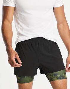 Спортивные шорты «2-в-1» с камуфляжным принтом ASOS 4505-Черный цвет