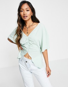 Присборенная спереди блузка мятно-зеленого цвета с V-образным вырезом ASOS DESIGN-Зеленый цвет
