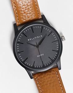 Мужские часы с черным циферблатом и светло-коричневым кожаным ремешком Bellfield-Черный цвет