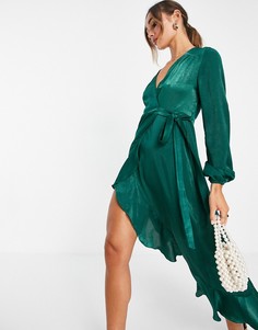 Изумрудно-зеленое платье макси с длинными рукавами и запахом Flounce London-Зеленый цвет
