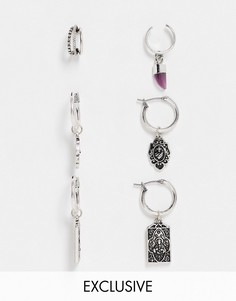 Набор из 3 пар серебристых серег-колец с разными подвесками Reclaimed Vintage Inspired-Серебряный