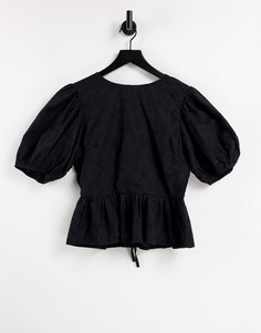 Черная блузка с вышивкой на рукавах и завязками на спине от комплекта In The Style x Lorna Luxe-Черный цвет