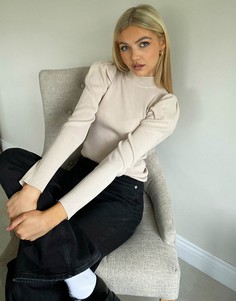 Джемпер в рубчик с высоким воротником и пышными рукавами ASOS DESIGN-Нейтральный