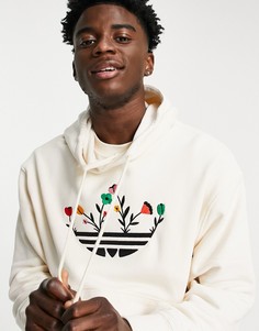 Светло-бежевый худи с цветочным принтом трилистника adidas Originals-Белый