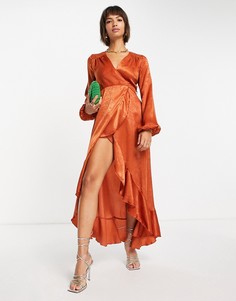 Платье макси цвета корицы на запахе с длинными рукавами Flounce London-Коричневый цвет
