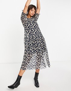 Черное сетчатое платье миди с цветочным принтом River Island-Черный цвет