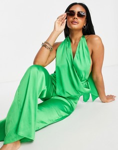 Зеленый пляжный атласный комбинезон с завязкой на шее ASOS DESIGN-Зеленый цвет