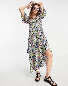 Разноцветное платье миди с V-образным вырезом и цветочным принтом Topshop-Многоцветный