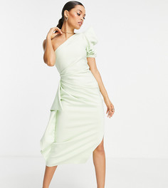 Платье миди цвета лайма на одно плечо с объемными рукавами и оборками ASOS DESIGN Petite-Зеленый цвет