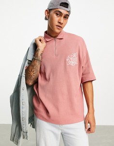 Розовая футболка-поло в стиле oversized из вафельной ткани с вышивкой на груди ASOS DESIGN-Розовый цвет