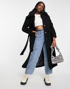 Пальто макси из искусственного меха с поясом Topshop-Черный цвет