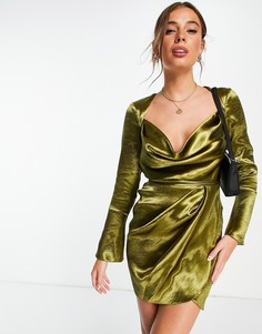 Платье мини со свободным воротом, драпированной юбкой и завязкой на талии ASOS DESIGN-Зеленый цвет