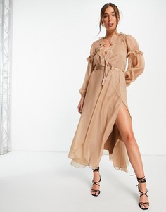 Розовое платье миди с глубоким вырезом, оборками и завязками ASOS DESIGN-Розовый цвет
