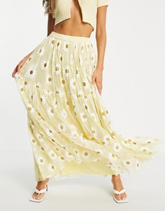Эксклюзивная ярусная юбка макси из тюля желтого цвета с аппликацией в виде маргариток с блеском Lace & Beads-Желтый