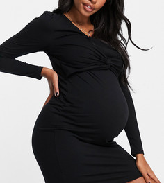 Черное платье мини из переработанных материалов с узлом спереди Mamalicious Maternity-Черный цвет Mama.Licious