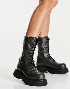 Массивные премиум-ботинки из кожи цвета хаки со шнуровкой ASOS DESIGN Alicia-Зеленый цвет