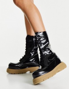 Черные кожаные ботинки на массивной подошве со шнуровкой ASOS DESIGN Alicia-Черный цвет