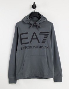 Серое худи из материала французский Терри с крупным логотипом "EA7" Armani EA7 Train-Серый