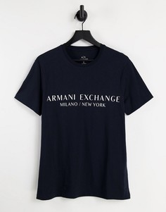 Темно-синяя футболка с логотипом и названием города Armani Exchange-Темно-синий