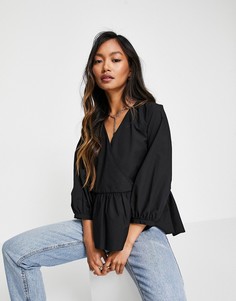 Черная блузка с запахом и баской ASOS DESIGN-Черный цвет