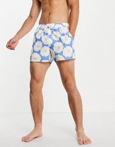 Короткие шорты для плавания из ткани под лен с цветочным принтом ASOS DESIGN-Голубой