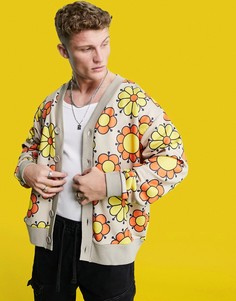 Бежевый трикотажный oversized-кардиган со сплошным цветочным принтом ASOS DESIGN-Розовый цвет