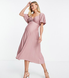 Розовое плиссированное платье миди с короткими рукавами и перекрученной отделкой на спине ASOS DESIGN Maternity-Розовый цвет