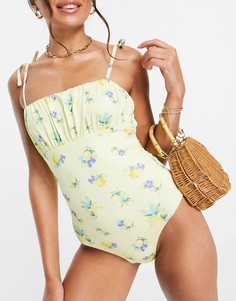 Слитный купальник с присборенным лифом и принтом лимонов ASOS DESIGN-Multi